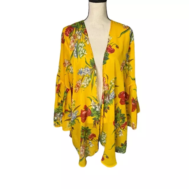 Umgee Cardigan Womens M/L Yellow Floral Open Front Lightweight Kimono Bell