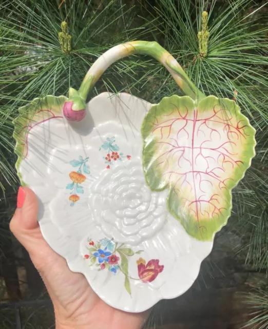 VTG Mottahedeh hand painted leaf handle floral candy/nut or dresser tidbit dish
