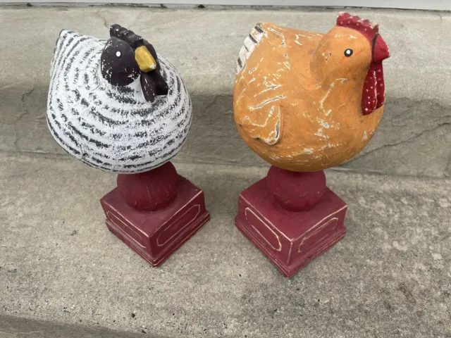 Foreside Wooden Hand Carved Chickens on Pedestals Vintage 1980s