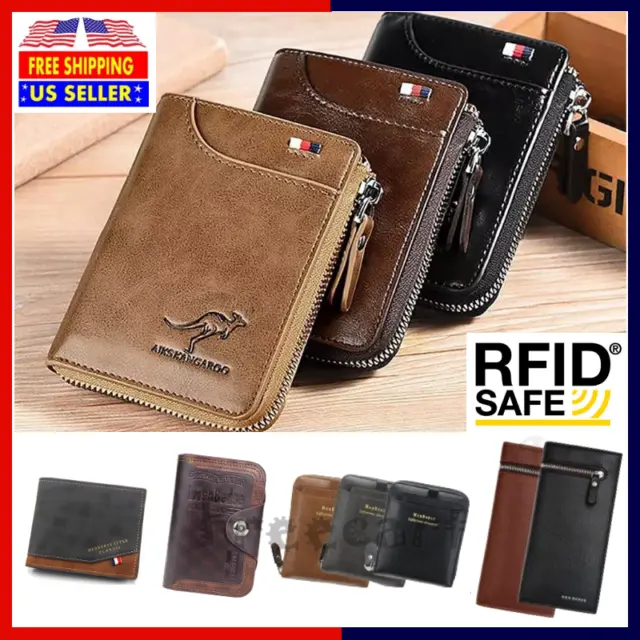 Mens RFID Blocking Leather Wallet Credit Card ID Holder Zipper Purse Waterproof