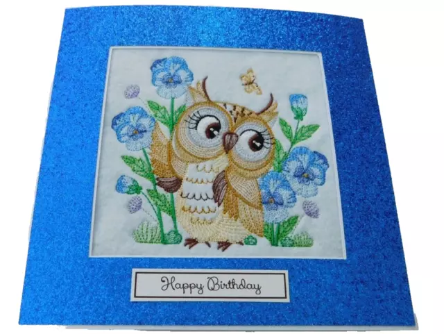 Complete handmade machine embroidery Birthday Card  Owl and pansys