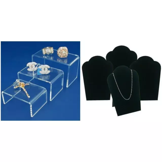 Clear Acrylic Risers Jewelry Displays & Black Velvet Necklace Bust Kit 7 Pcs