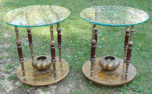 Pair Mid-Century Hollywood Regency Faux Italian Gold Tole Glass Top Tables