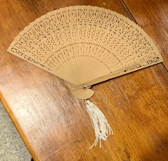 Vintage Asian wooden hand fan with white tassel & original box