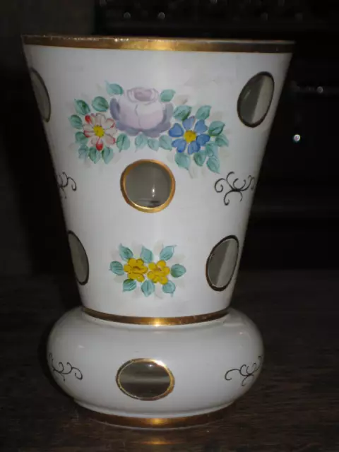 Antique Cut Glass Vase Painted Flowerhead Bohemian Or French