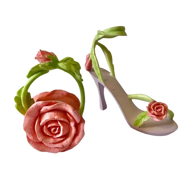 Miniature Ceramic High Heel and Matching Purse Rose Design,  VTG VGC