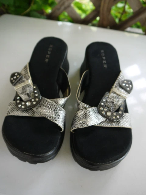 Roper Silver Snakeskin Leather Platform Sandals Wedge Heels Slip On Wm's Size 8