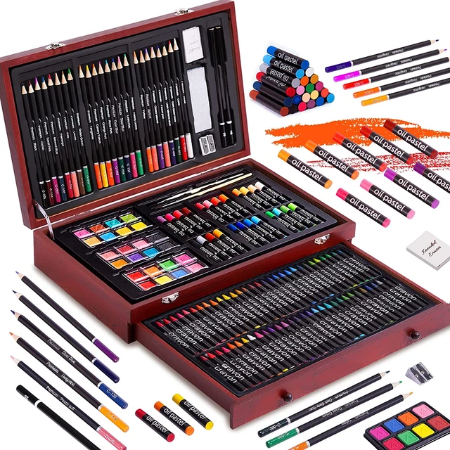 Juego de arte de lujo de 143 piezas, juego de pintura en estuche de madera portátil, kit de arte profesional