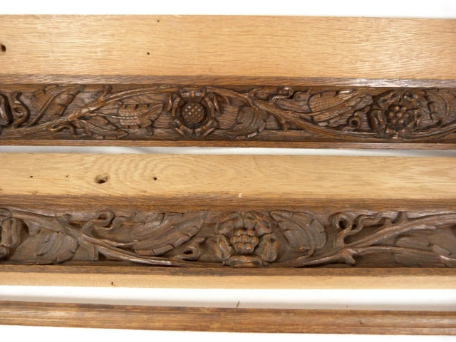 2 Antique Hand-Carved Oak Architectural Salvage Trim Pieces Floral/Leaf 24 x 5" 3