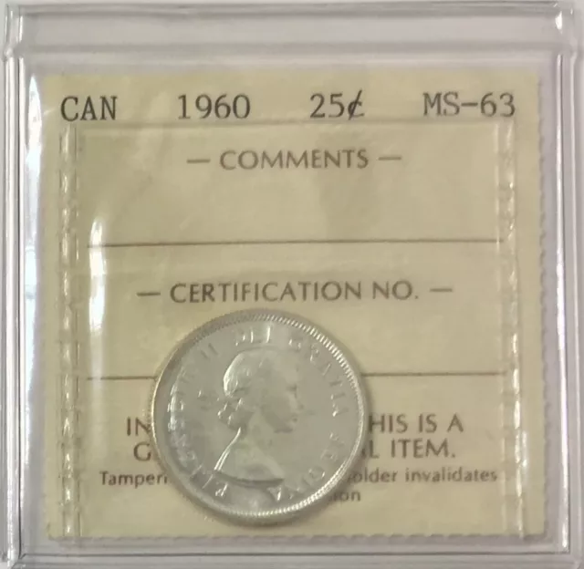 1960 Canada 25 Cents .800 Silver- ICCS Graded MS 63  # 35686