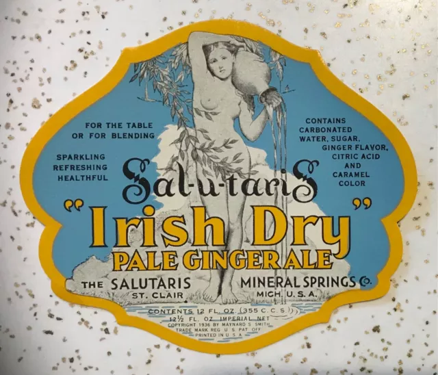 Vtg. 1936 UNUSED Salutaris Irish Dry Ginger Ale Bottle Label St Clair Michigan