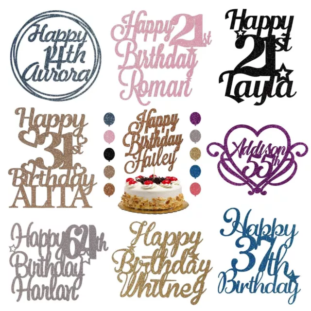 Personalised Cake Toppers Custom Any Age Name Happy Birthday Party Glitter Gold