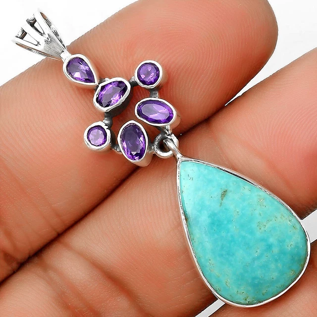 Natural Rare Turquoise Nevada Aztec Mt & Amethyst 925 Silver Pendant P-1101