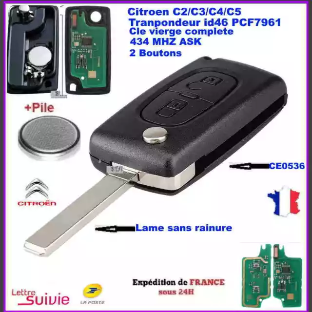 Clé à clapet HU83 434Mhz avec puce de ID46-PCF7961 pour Citroen
