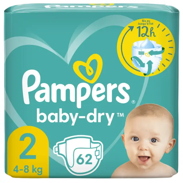 Pack 62 Couches PAMPERS Baby-Dry Taille 2 (4 à 8 KG) Lot Change Bébé Protection