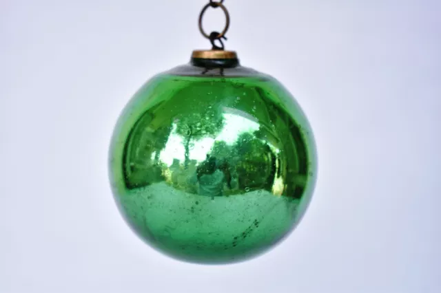 Antico Tedesco Kugel Verde Natale Ornamento Ottone Tappo Mercurio Vetro BALL "