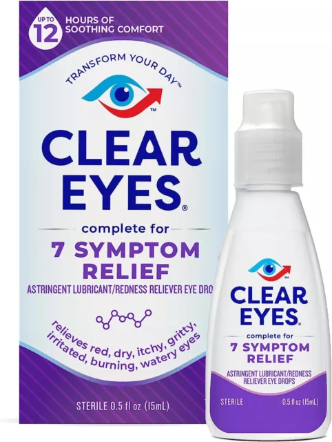 Gotas lubricantes para ojos Clear Eyes 7 alivio de síntomas, 0,5 fl oz.