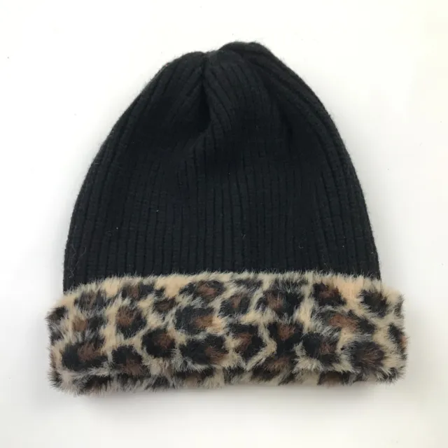 Leopard Beanie Hat Cap Womens Black One Size Cable Knit Ski Wear Adult Casual