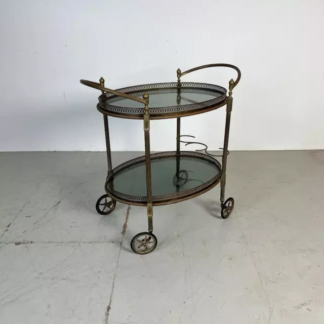 Vintage Italian Brass & Smoked Glass 2 Tier Cocktail Drinks Trolley Table #3803