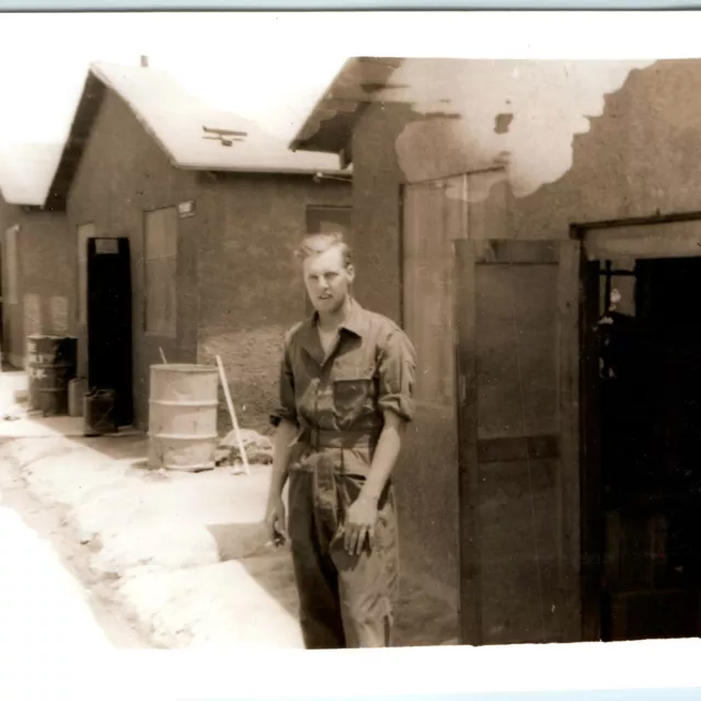 c1953 Korea / Japan Air Force Camp Barracks Man Smoking Real Photo Snapshot C44