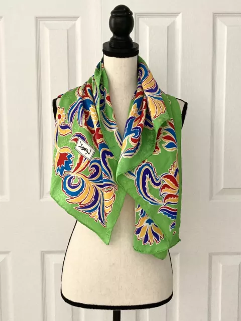 Vtg YSL Yves Saint Laurent Silk Scarf Bright Floral Print Large 33.5 X 34.5”