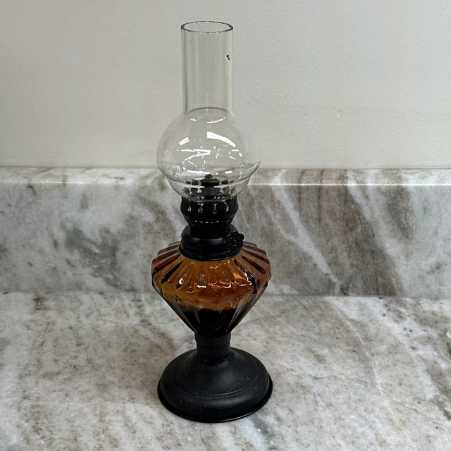 VINTAGE SMALL AMBER Glass Oil Lamp Black Metal w/ Tall Clear Chimney