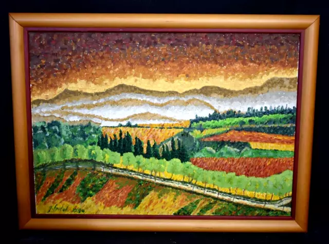 Pintura al óleo sobre lienzo paisaje puntillista firmado siglo XX