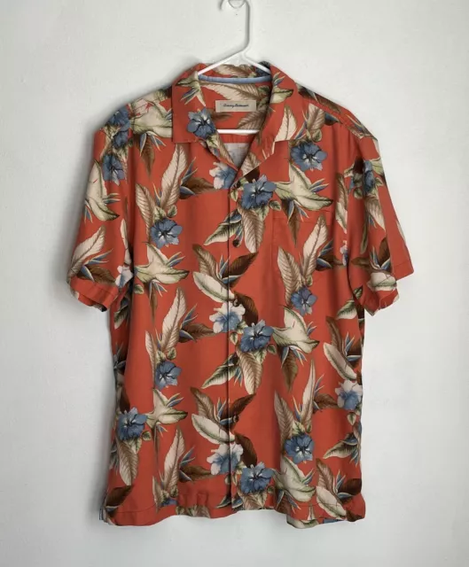 Tommy Bahama Men’s L Hawaiian Shirt Orange Floral Print Silk Blend Short Sleeve