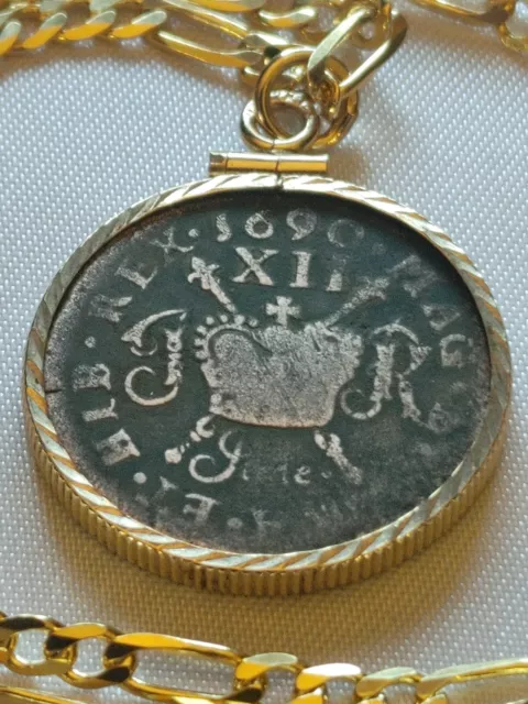 Genuine 1690 IRISH REBELLION Gun Money Shilling pendant & 22" Gold Filled Chain