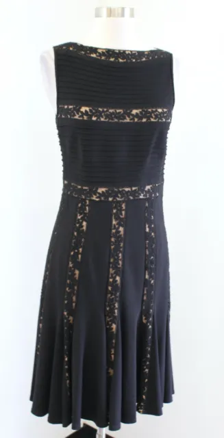 Tadashi Shoji Pintuck Jersey and Lace Dress Black Nude Flared Cocktail Size XS