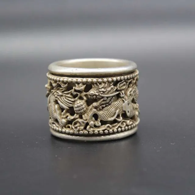 Exquisite Old Chinese tibet silver Handcarved dragon thumb Ring