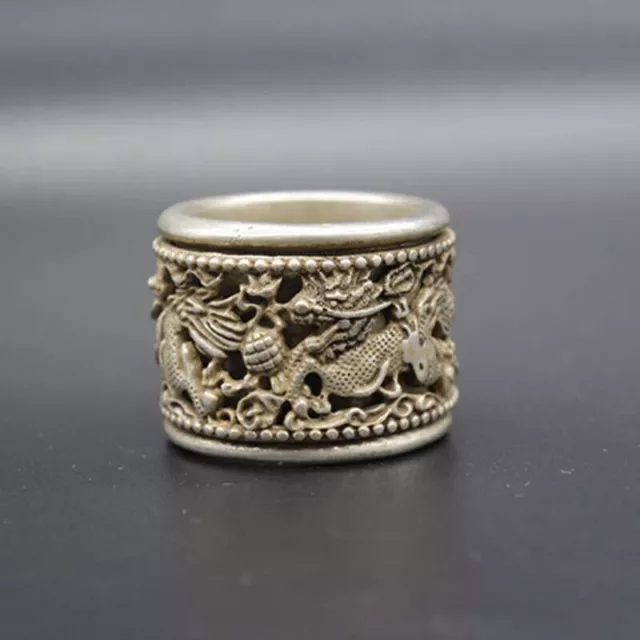 Exquisite Old Chinese tibet silver Handcarved dragon thumb Ring