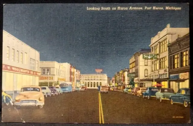 Port Huron Michigan Huron Avenue Street View Signs Cars Linen Postcard