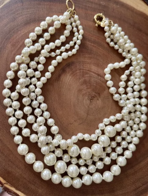J Crew Multi Strand Knotted Graduated Layered 5 Strand Faux White Pearl Necklace