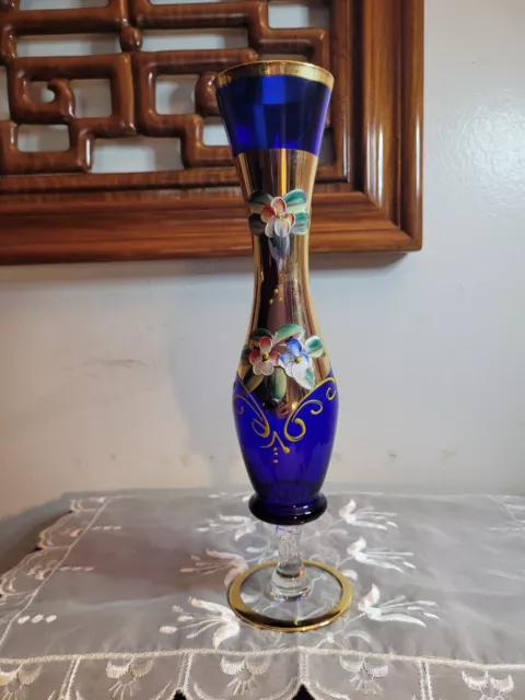 Bohemian Czech Glass Hand Blown Hand Painted Cobalt Blue  Flowers Vase