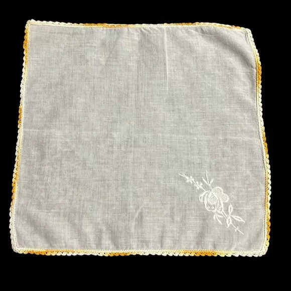 Vintage Handkerchief Embroidered Crochet White Gold Flower Cotton Hankie 10.25"