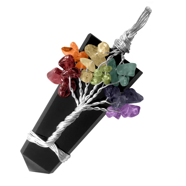 Obsidian Crystal Tree Of Life Chakra Pendant Silver Wire Wrap Gemstone Necklace 3