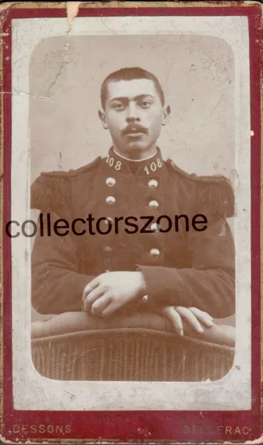 19th C French Army Soldier CDV Photo 108 Collar Badge Bergerac Studio Top Damage