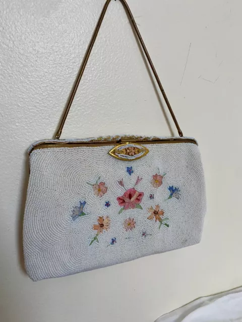 VTG Hand Made Real Pointe De Beauvais France Beaded Bag Purse Chain Exc