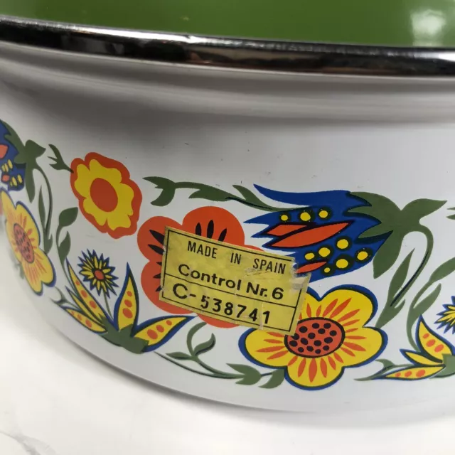 Retro Enamelware Soup Pot Floral 70s Orange Green Dutch Oven Porcelain Clad 4qt 3