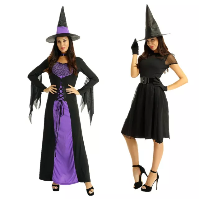 Adult Gothic Sorceress Women Halloween Costume Wicked Witch Classic Dress + Hat