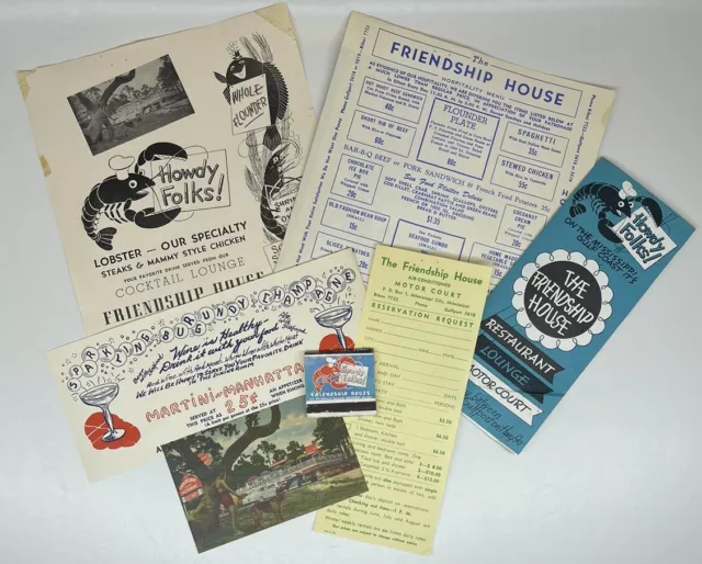 1955 The Friendship House Restaurant Menu Ephemera Lot MS City Matches Motel PC