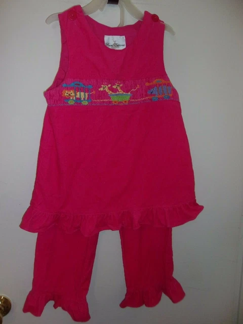 Girls 6X  Pink Corduroy 2 Piece Outfit Circus Animals  Smocking Rare Edition