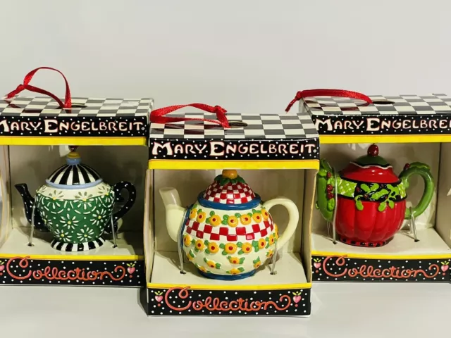 Mary Engelbreit Collection - Mini Teapot Tea Kettle Ornaments Brand New Lot of 3