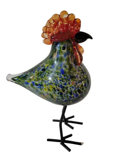 Hand Blown Glass Metal Hen Rooster Bird Chicken Figurine Standing Multicolored