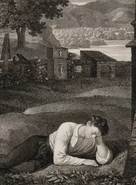 C. RAHL (1812-1865), Jüngling trauernd auf dem Friedhof, Radierung Romantik 3