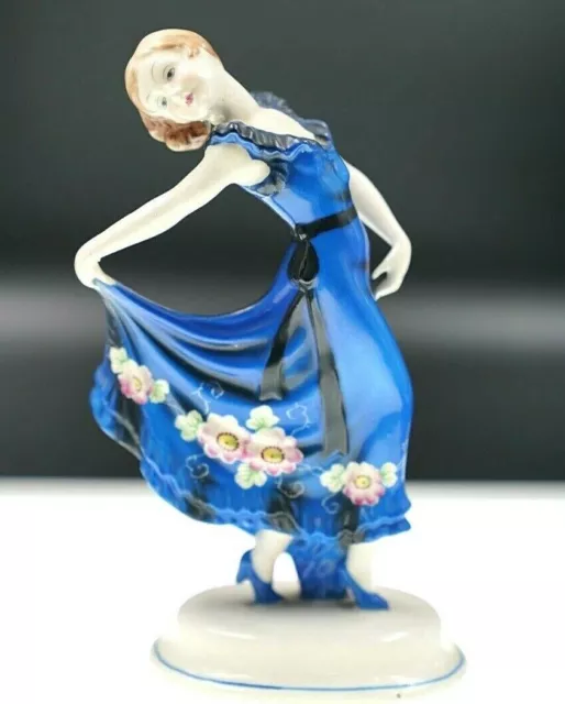 Antique Art Deco Dancing Lady Painted Flowers Pretty Japan Porcelain