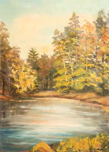 European Art, Impressionist Landscape Forest Lake Oil Painting, Signed