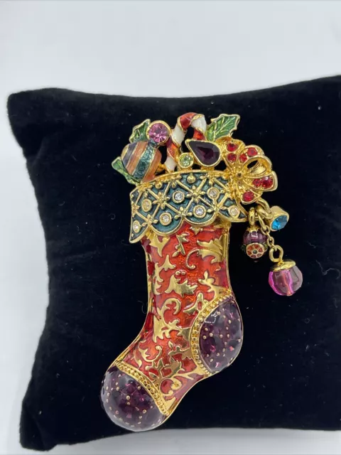 Miriam Haskell Goldtone Enamel Rhinestone Christmas Stocking Brooch Pin Brooch