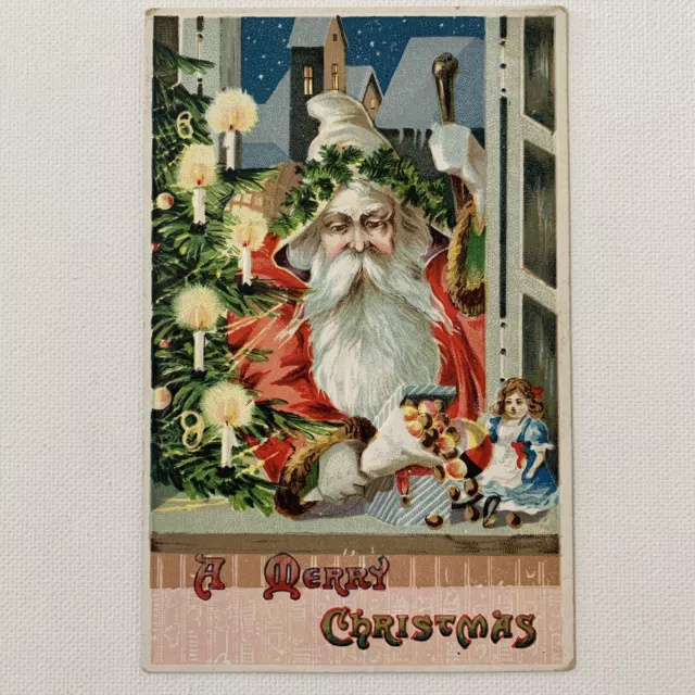 Antique Embossed Christmas Postcard Santa White Hood Doll Saxony NY NN 0547